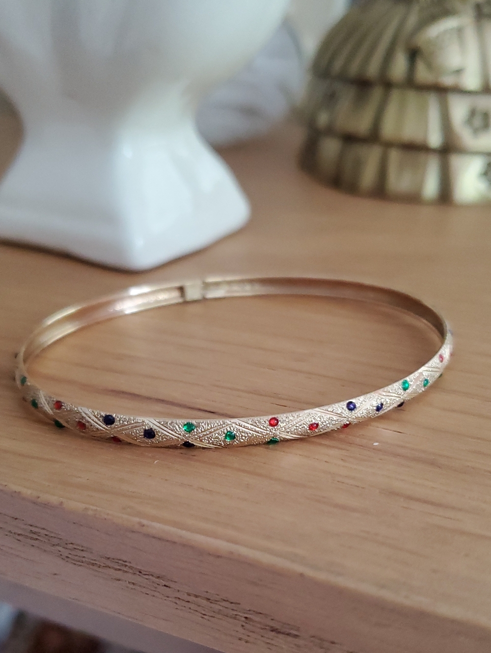 Vintage 90s Delicate 10K Gold Bangle Bracelet Multicolor Enamel Stone Accents